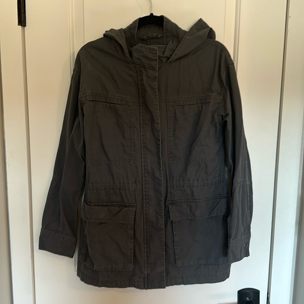 Gray Hooded Cotton Coat Cinch Waist Front Pocket